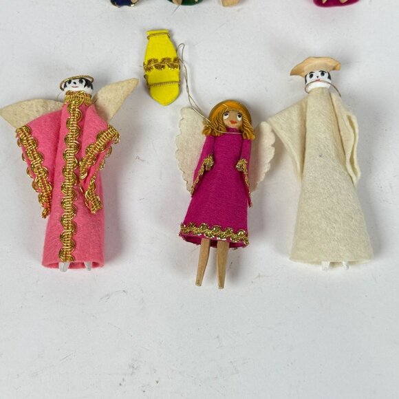 Set Of 7 Handcrafted Clothespin Ornaments Wise Men Angels Nativity Figures Uniqu - Picture 4 of 5